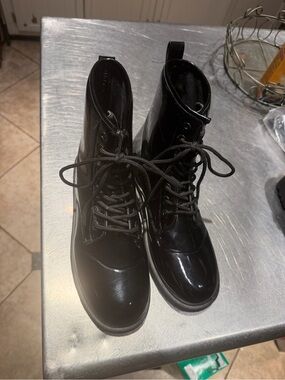 Charles Albert Black Patent Lace-Up Combat Boots